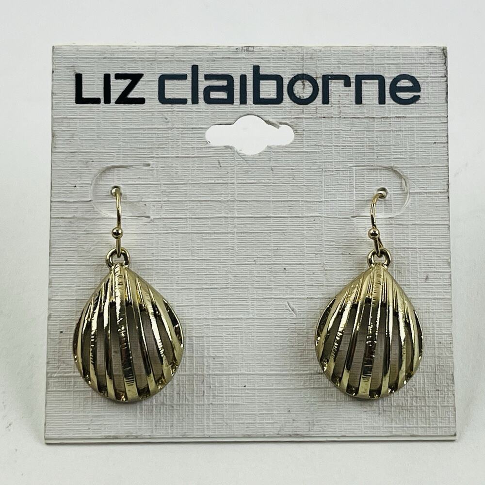 Liz Claiborne Gold Tone Dangle Earrings Open Cutout Seashell Teardrop Pierced NE